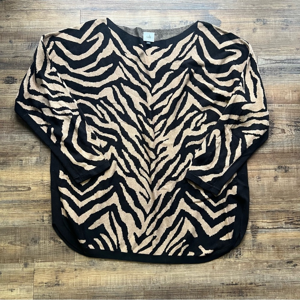 CAbi Womens Dani Pullover Zebra Dazzle Stripe  Sweater Brown/Black Size Large